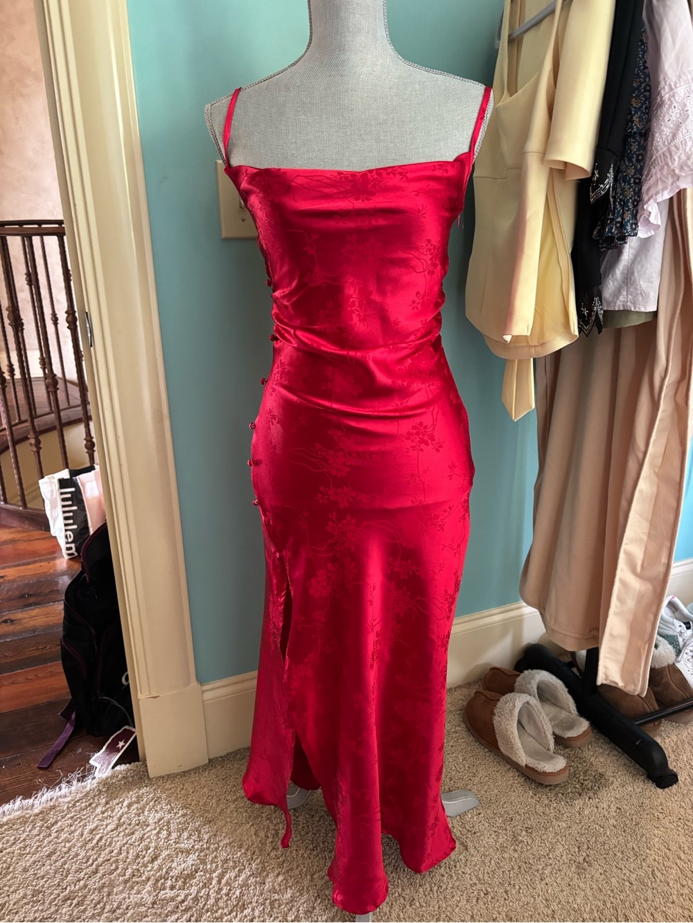 Red maxi dress with slit and button detailing